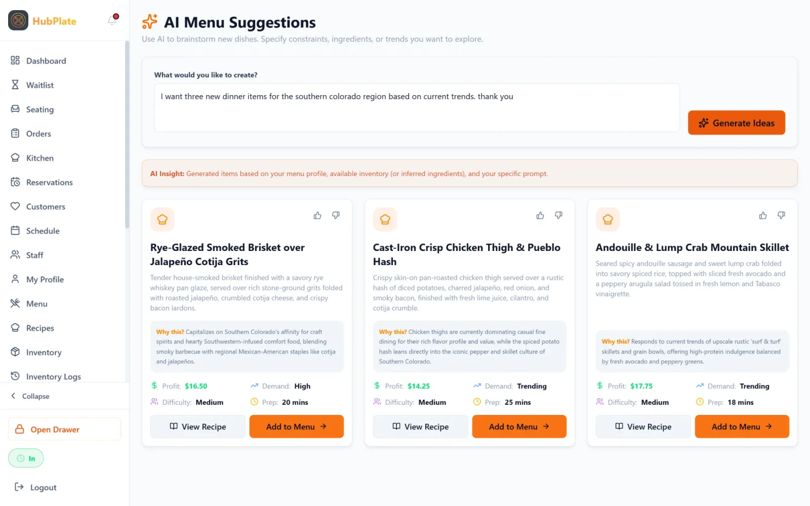 HubPlate AI menu suggestions: three generated dinner ideas, each with a description, the reasoning behind it, estimated profit, demand, and prep time