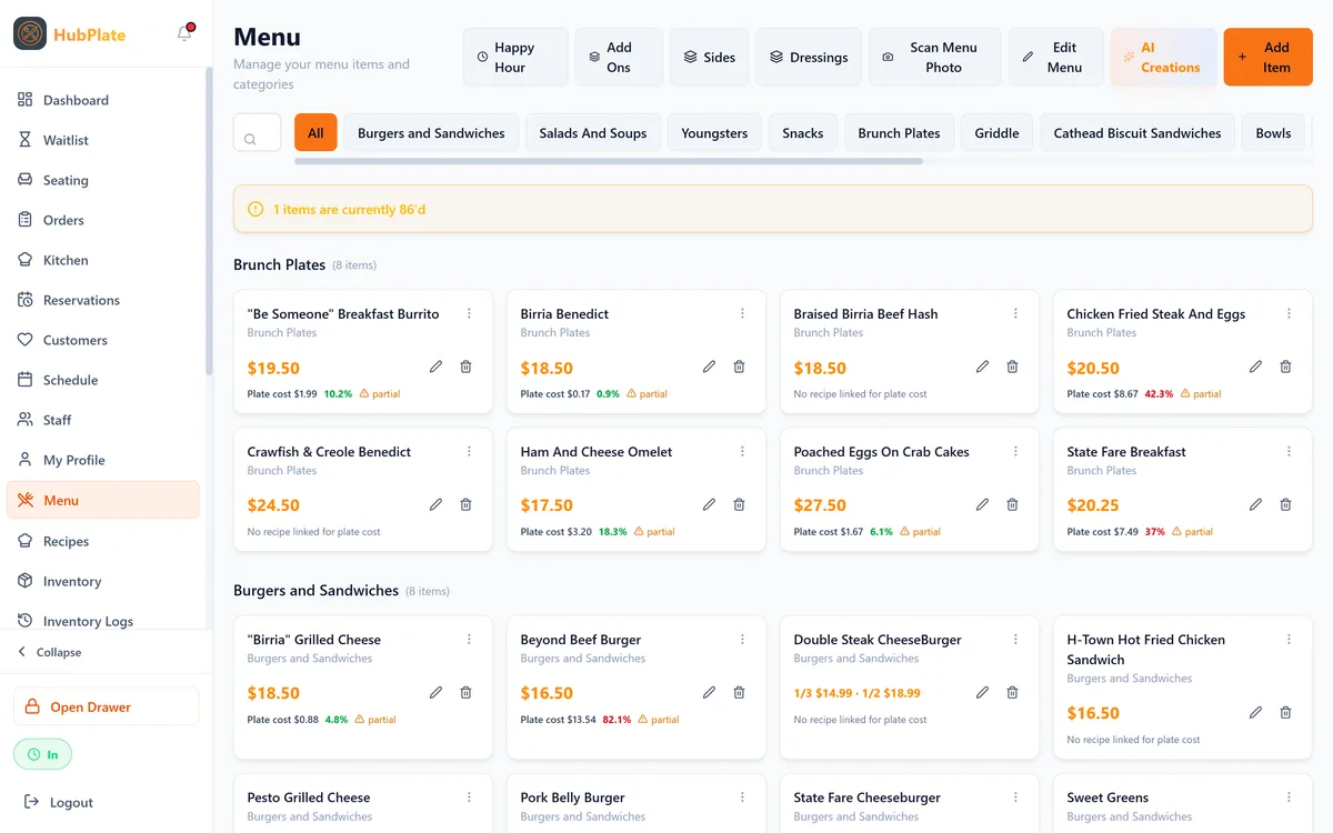 HubPlate menu manager showing items by category with prices and plate cost percentages