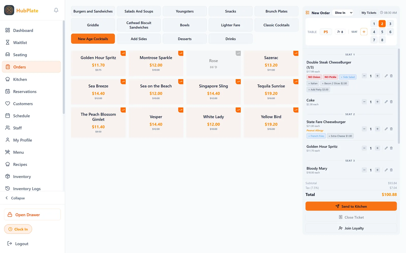 HubPlate point of sale taking a dine-in order by seat, with modifiers, happy hour pricing, and a running check total